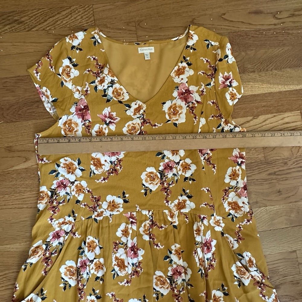 Garnet Hill Midi Dress Womens Sz 14 Mustard Yellow Floral Pockets Short Sleeve - Picture 12 of 13